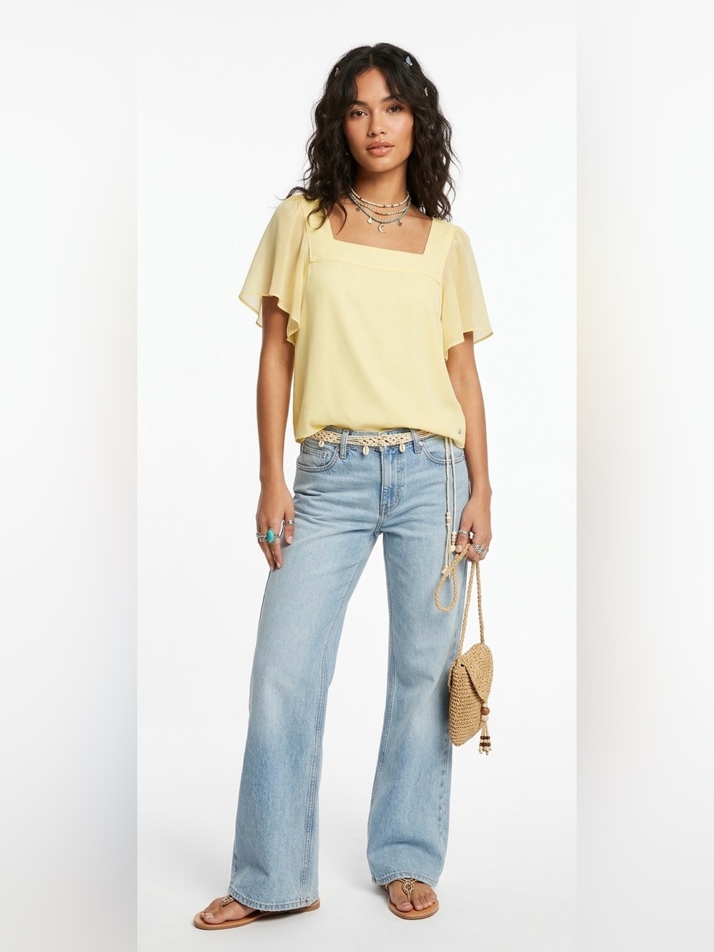 Calvin Klein - Women's butter Yellow Square Neck Flutter Sleeve Top